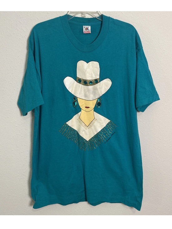 Fruit of the Loom Tops - Vtg 90s Country Charm Jewels Gems Fruit Of The Loom Single Stitch Green Tee XL